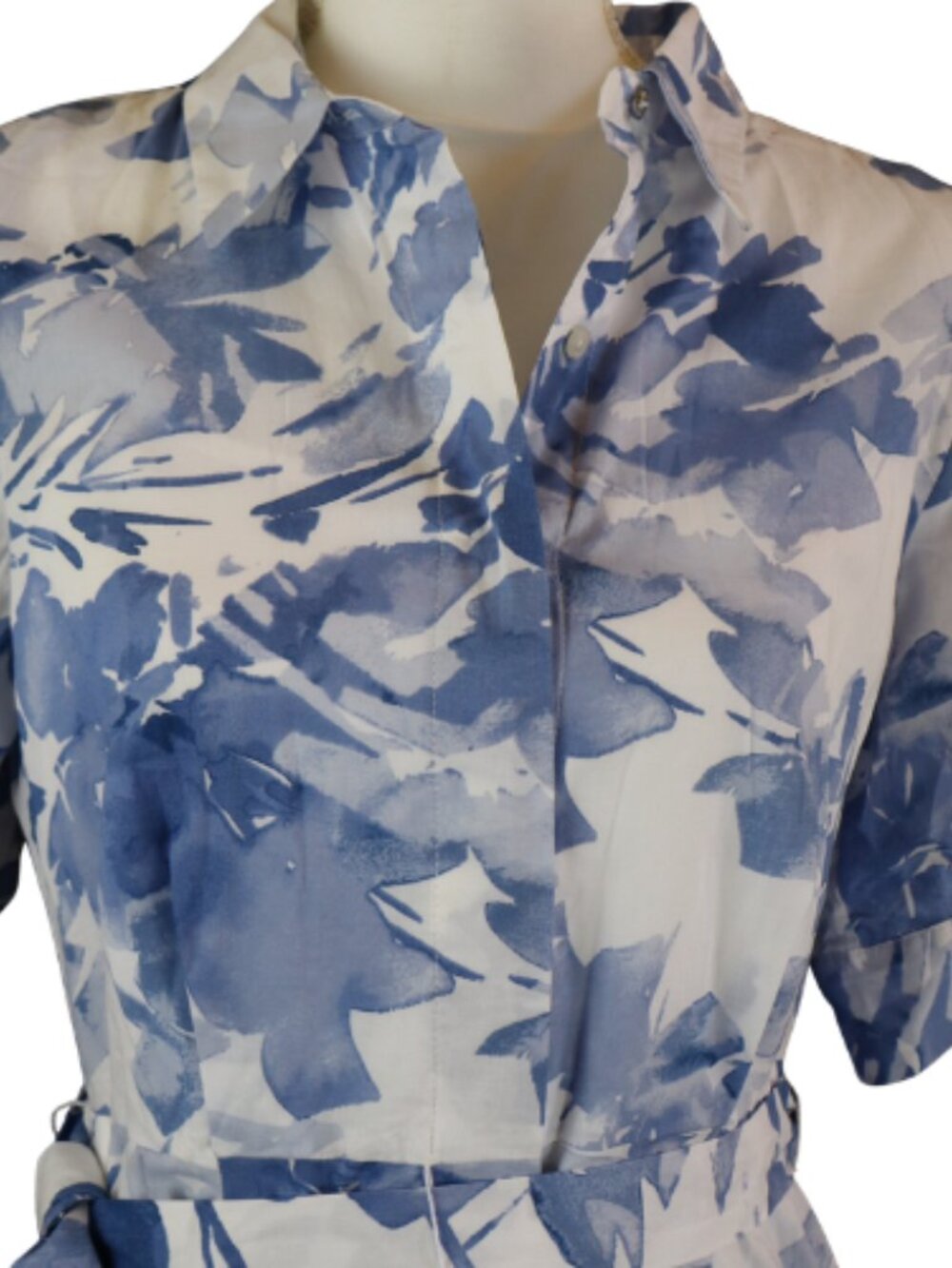 Calvin Klein Blue White Floral Shirt Dress V Neck Belted Dress Formal Size 6 - Picture 6 of 13